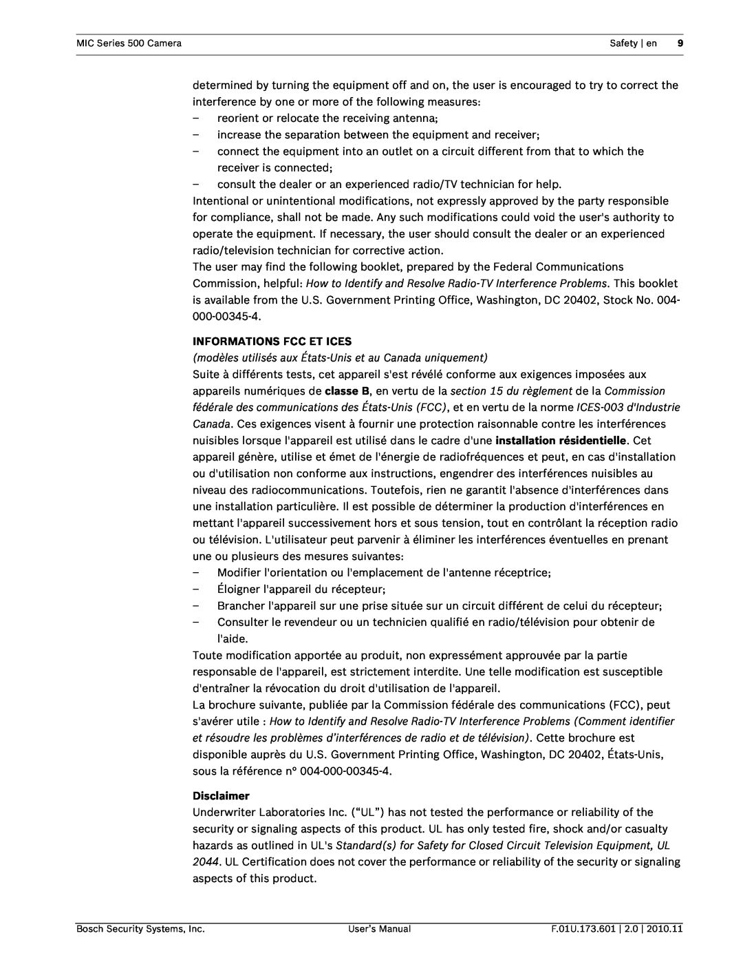 Bosch Appliances 500 user manual Informations Fcc Et Ices, Disclaimer 