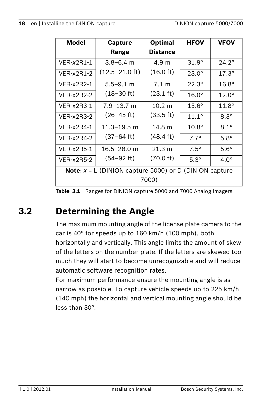 Bosch Appliances 5000, 7000 installation manual Determining the Angle, Model Capture Optimal, Range Distance 