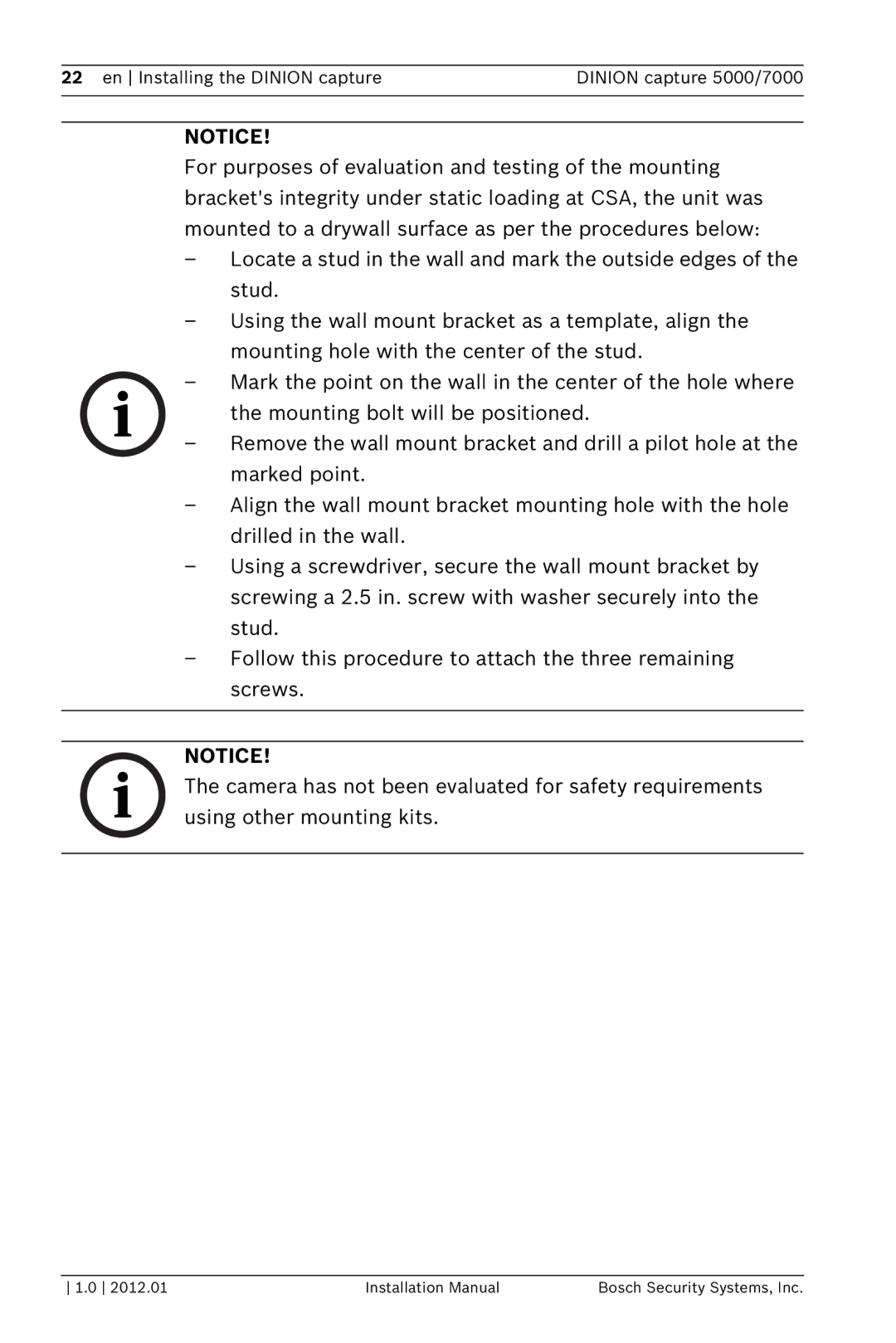 Bosch Appliances installation manual En Installing the Dinion capture Dinion capture 5000/7000 