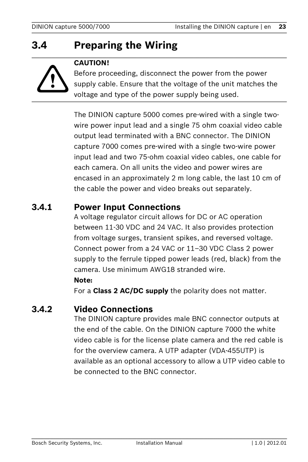 Bosch Appliances 7000, 5000 installation manual Preparing the Wiring, Power Input Connections, Video Connections 