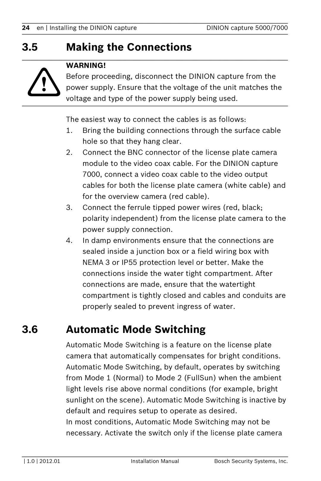 Bosch Appliances 5000, 7000 installation manual Making the Connections, Automatic Mode Switching 