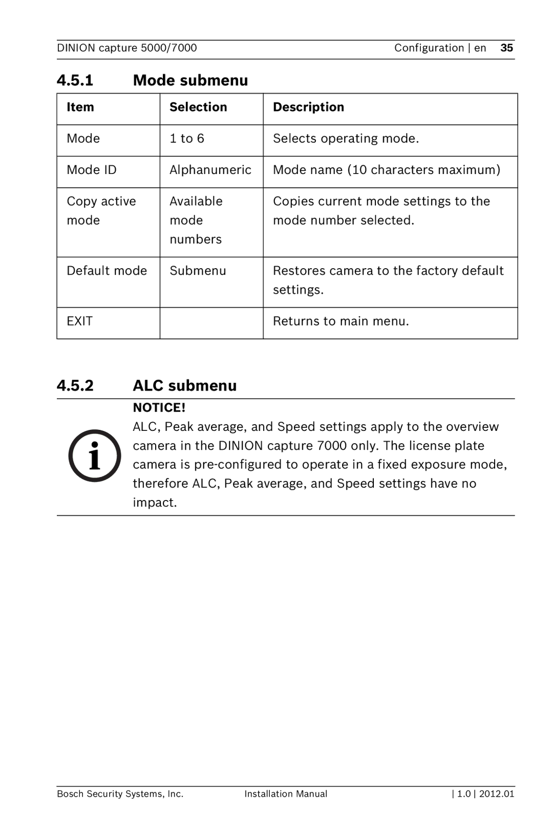 Bosch Appliances 7000, 5000 installation manual Mode submenu, ALC submenu 