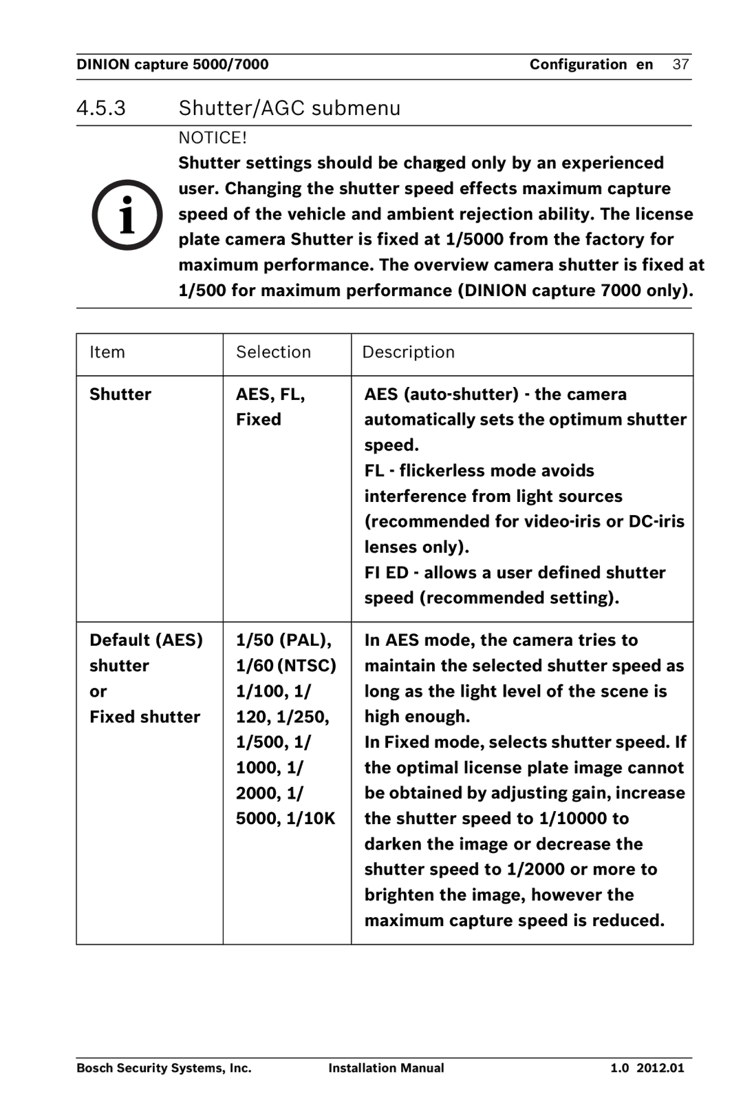 Bosch Appliances 7000, 5000 installation manual Shutter/AGC submenu, Aes, Fl 