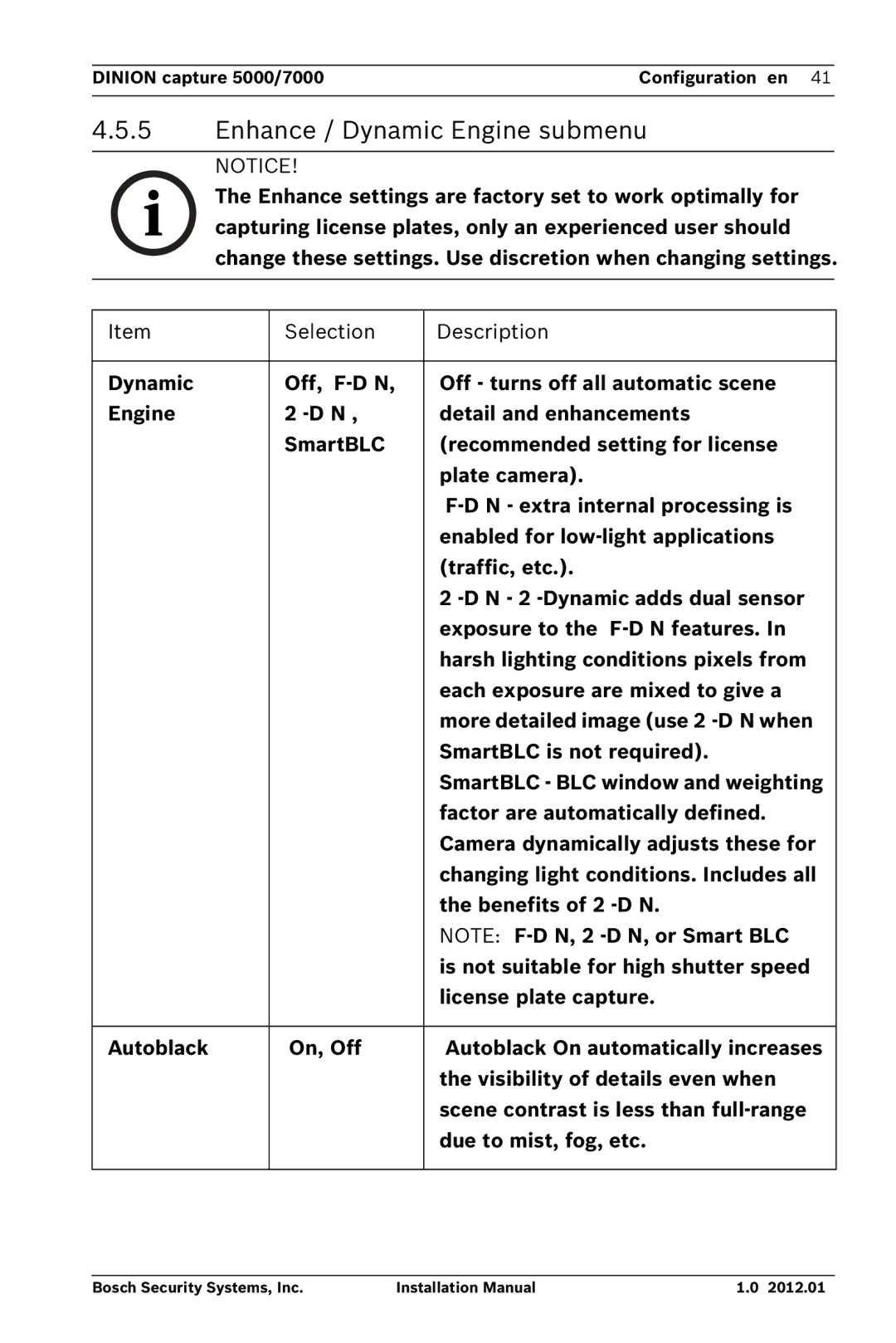 Bosch Appliances 7000, 5000 installation manual Enhance / Dynamic Engine submenu 