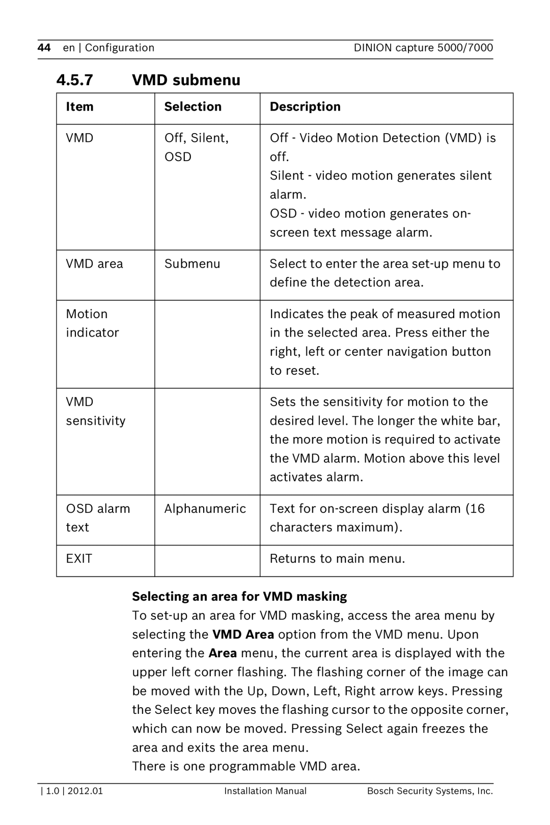 Bosch Appliances 5000, 7000 installation manual VMD submenu, Selecting an area for VMD masking 