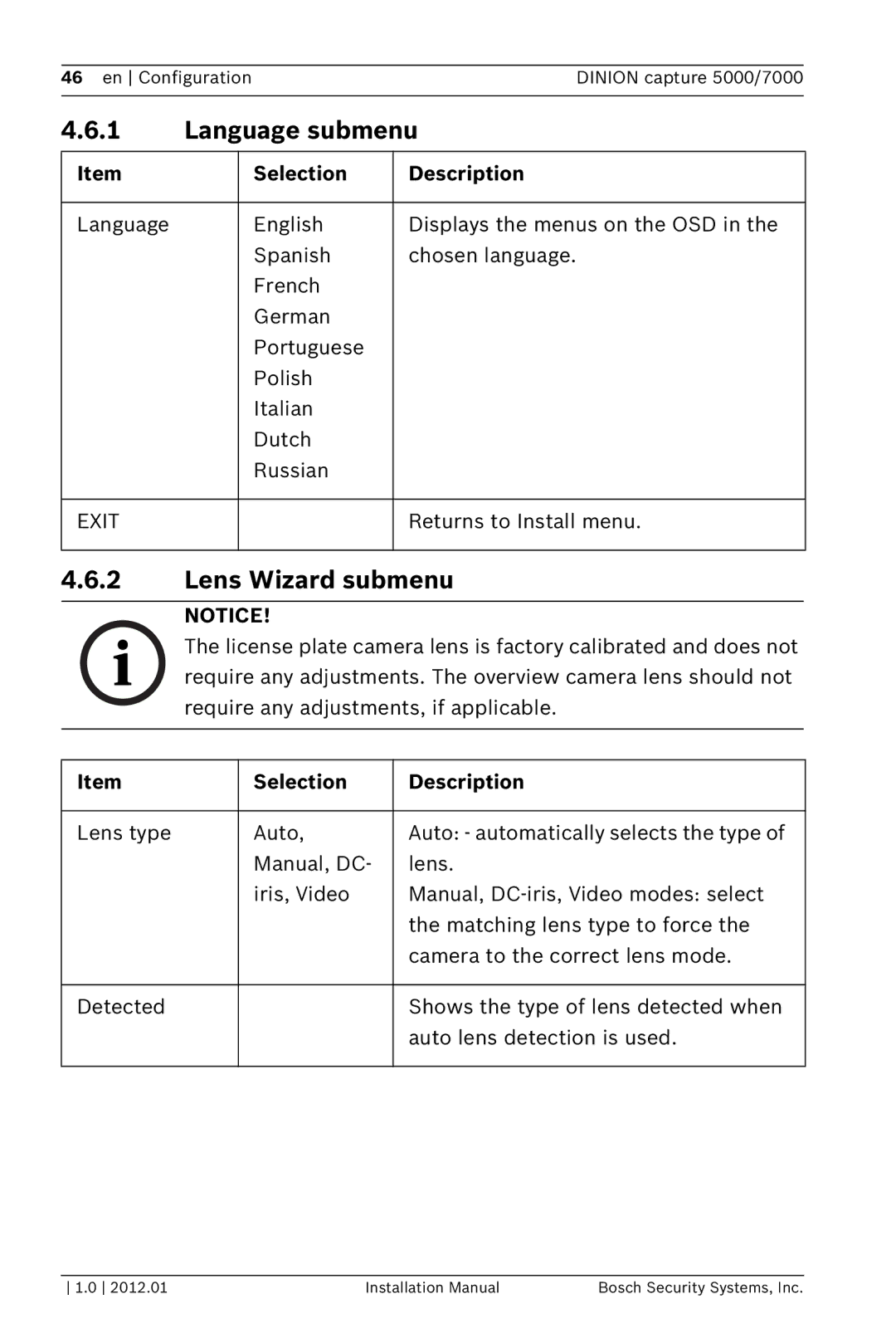 Bosch Appliances 5000, 7000 installation manual Language submenu, Lens Wizard submenu 