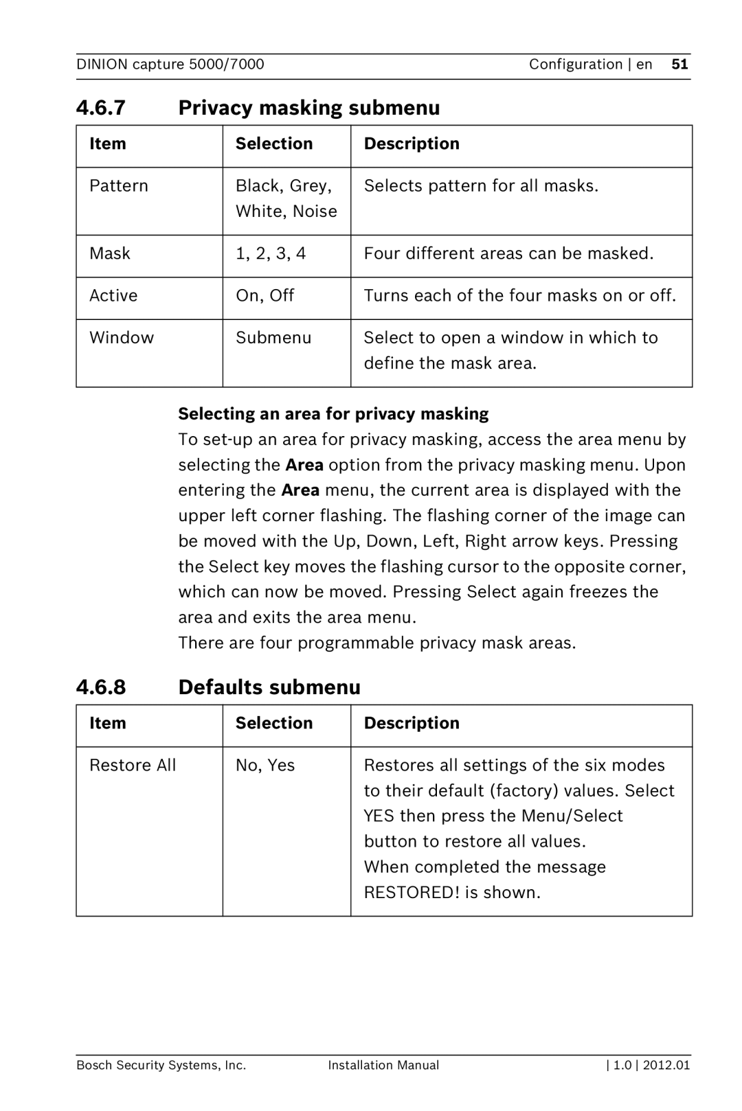 Bosch Appliances 7000, 5000 Privacy masking submenu, Defaults submenu, Selecting an area for privacy masking 