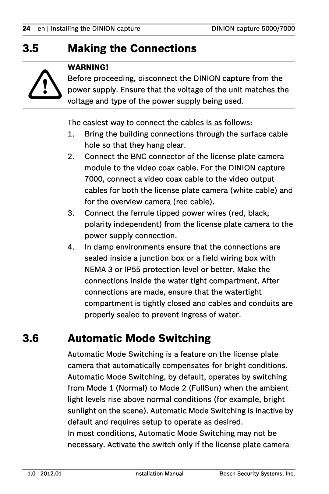 Bosch Appliances 5000, 7000 3.5Making the Connections, 3.6Automatic Mode Switching, 24 en | Installing the DINION capture 