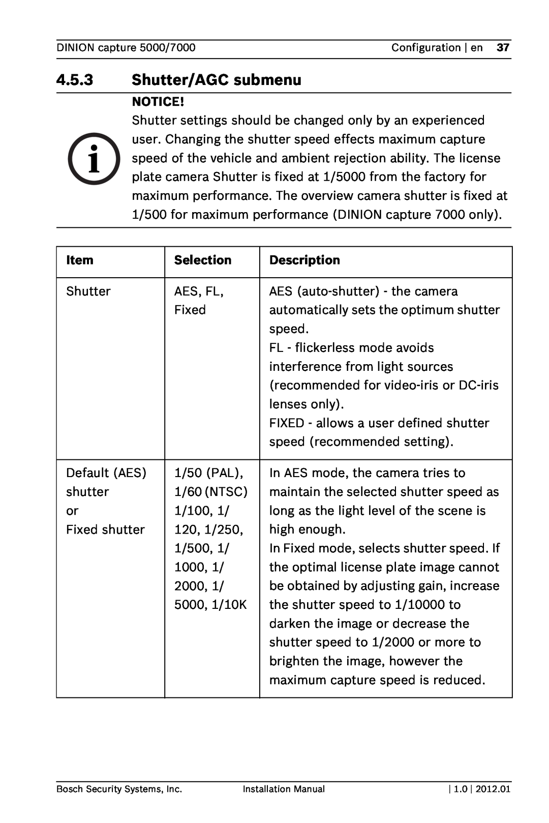 Bosch Appliances 7000, 5000 installation manual 4.5.3Shutter/AGC submenu, Notice, Item, Selection, Description 