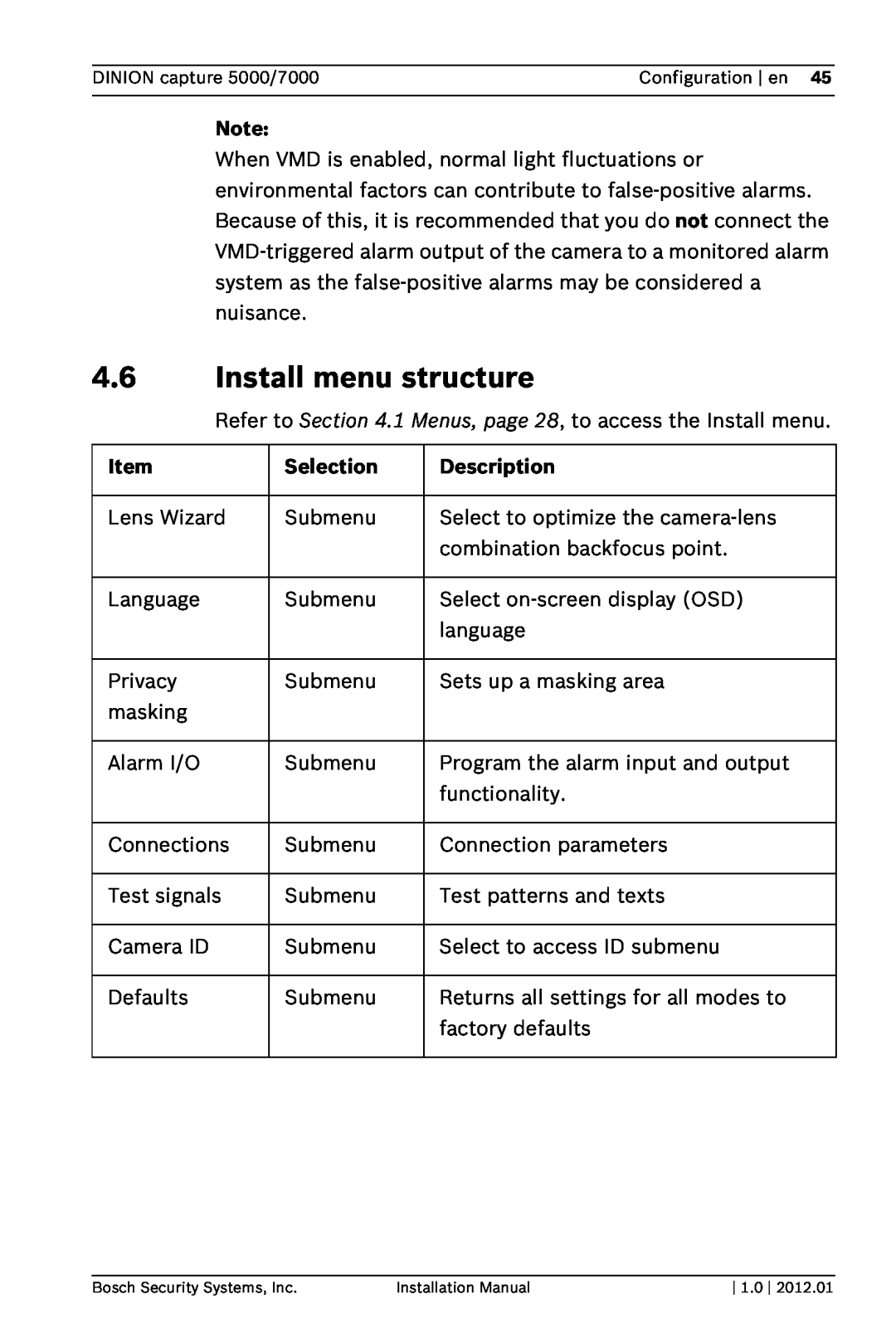 Bosch Appliances 7000, 5000 installation manual 4.6Install menu structure, Item, Selection, Description 