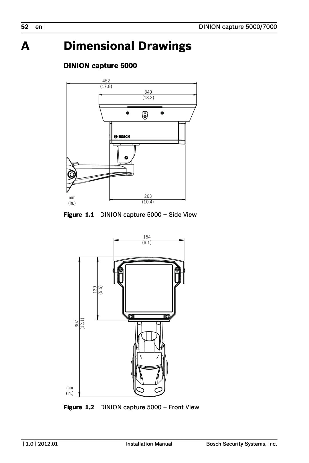 Bosch Appliances ADimensional Drawings, 52 en, DINION capture 5000/7000, Figure, DINION capture 5000 – Side View 
