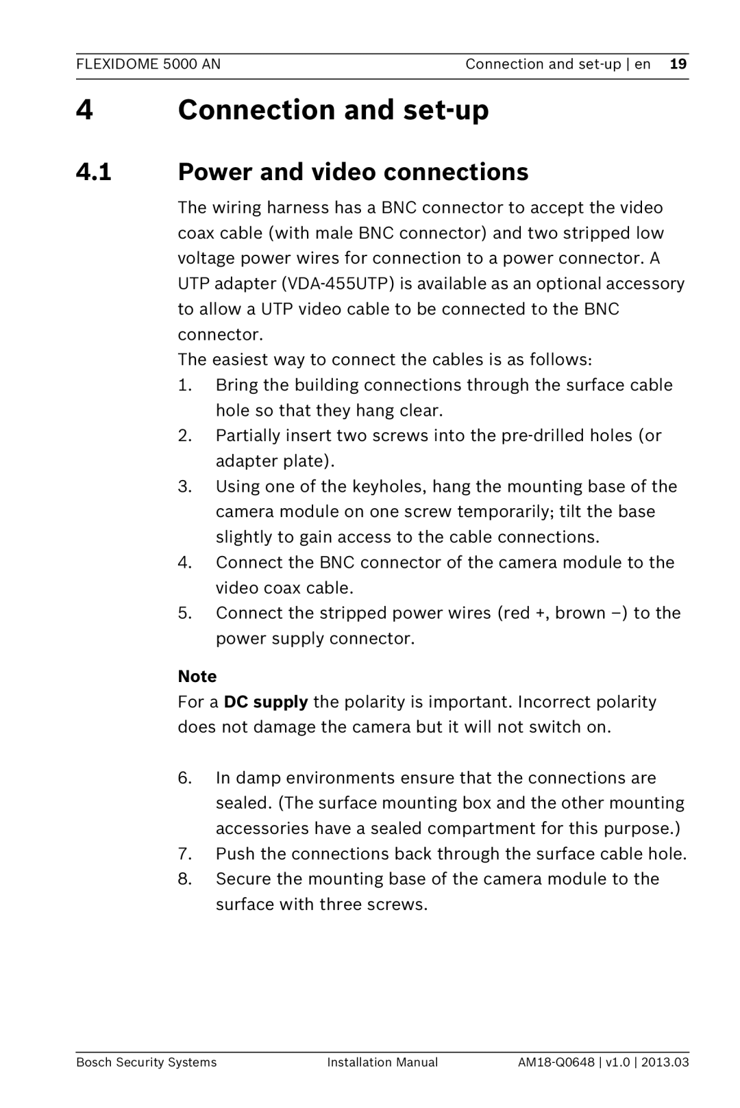 Bosch Appliances AN, 5000 installation manual Connection and set-up, Power and video connections 