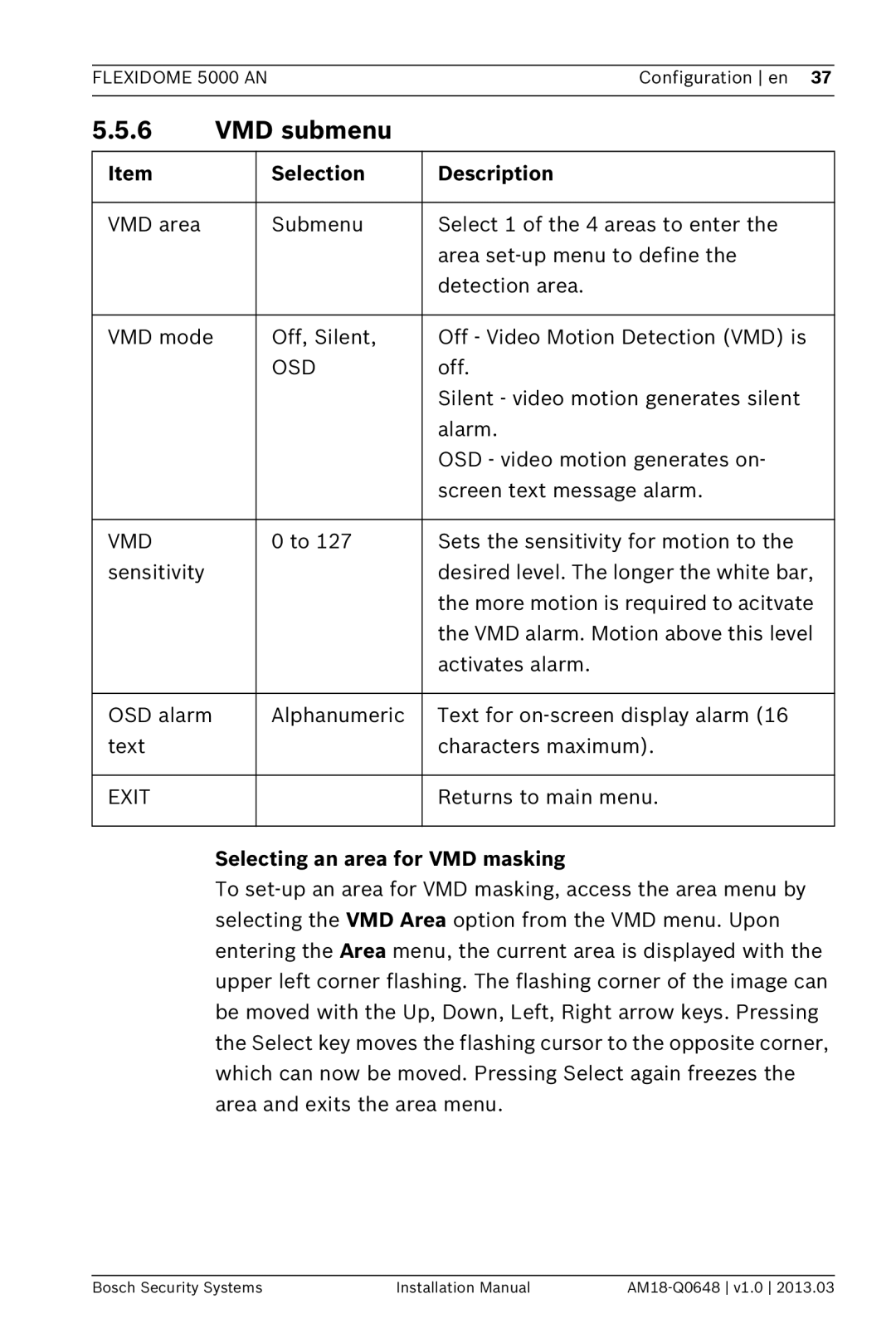 Bosch Appliances AN, 5000 installation manual VMD submenu, Selecting an area for VMD masking 