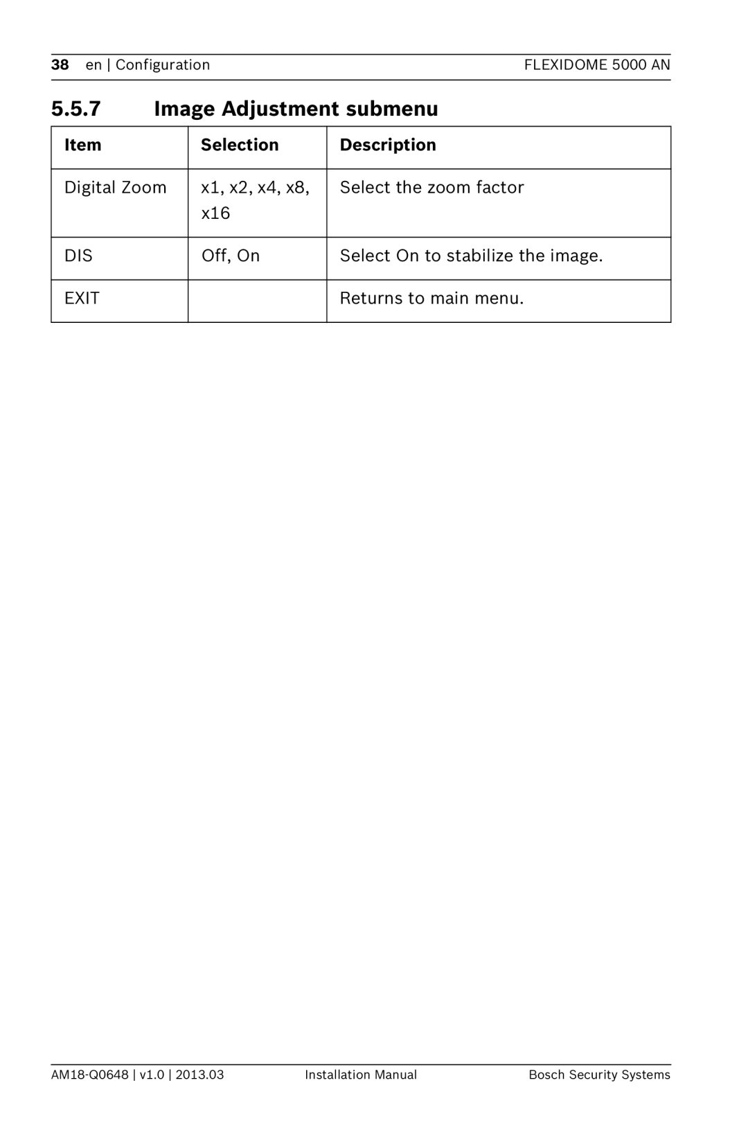 Bosch Appliances 5000, AN installation manual Image Adjustment submenu 