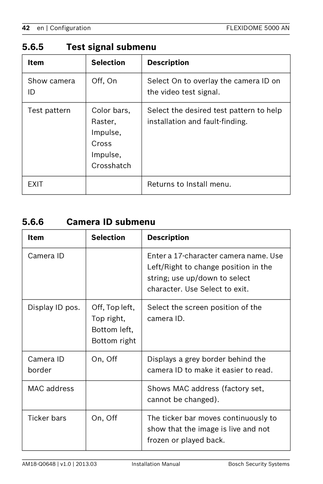 Bosch Appliances 5000, AN installation manual Test signal submenu, Camera ID submenu 