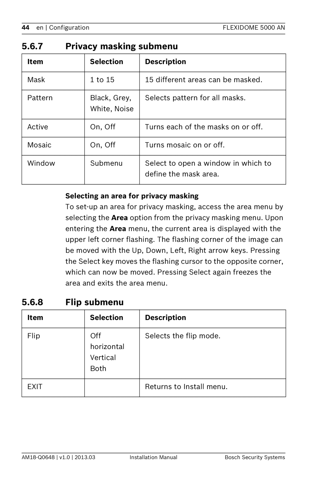 Bosch Appliances 5000, AN installation manual Privacy masking submenu, Flip submenu, Selecting an area for privacy masking 