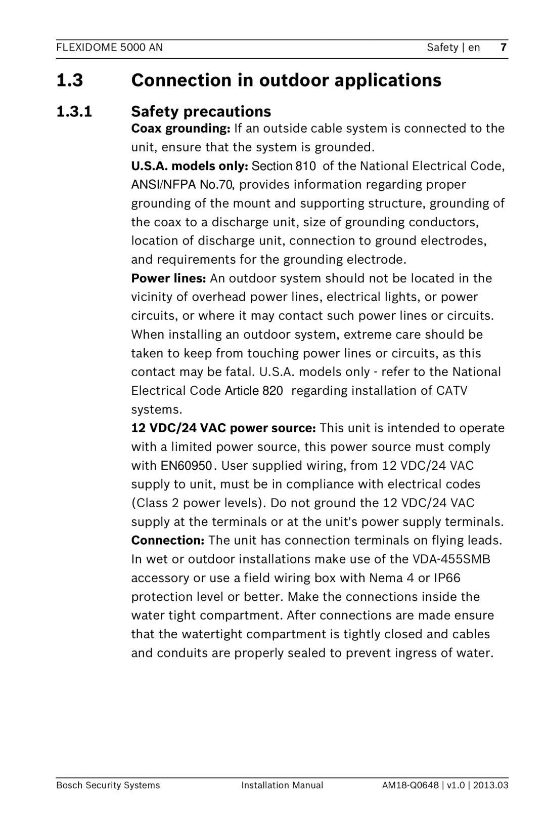 Bosch Appliances AN, 5000 installation manual Connection in outdoor applications, Safety precautions 