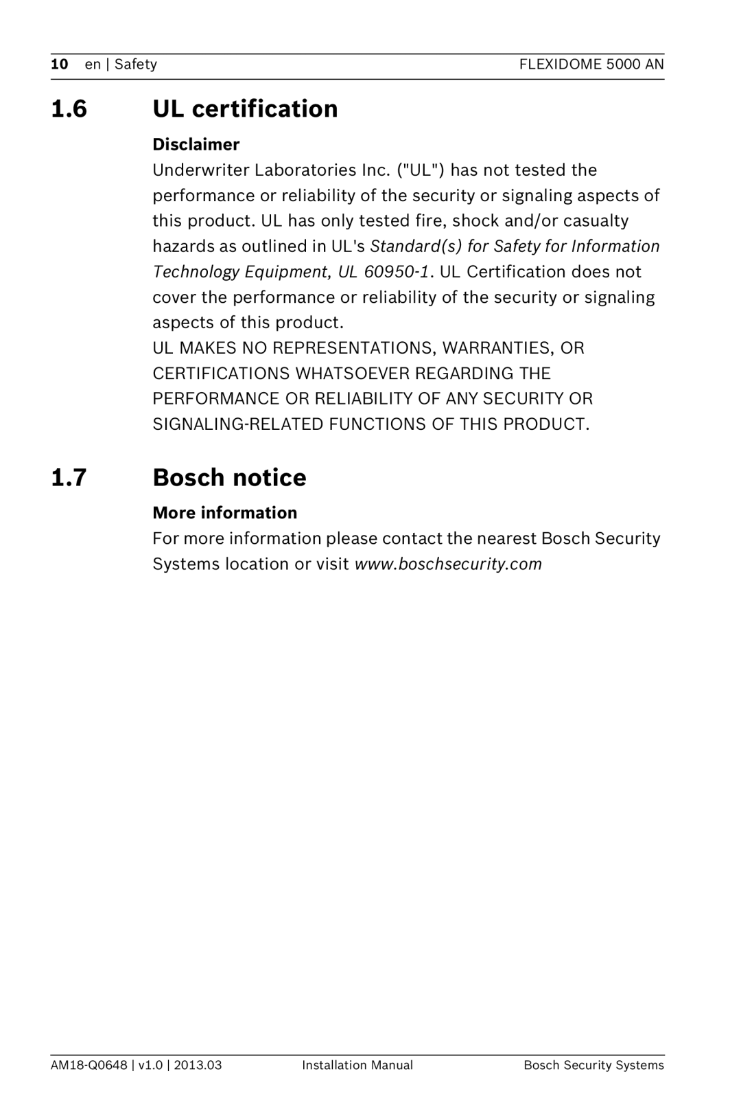 Bosch Appliances 5000, AN installation manual 1.6UL certification, 1.7Bosch notice, Disclaimer, More information 