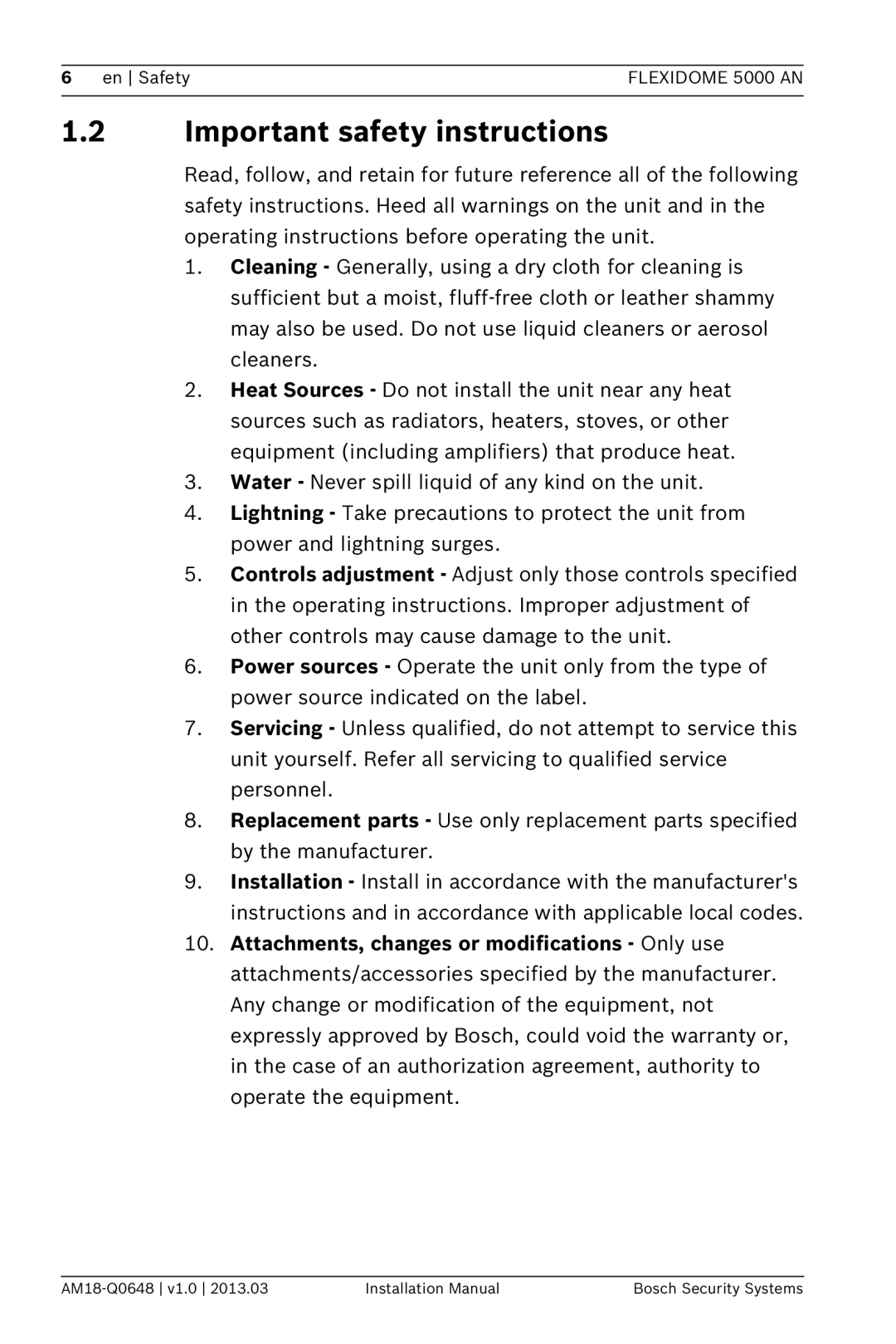 Bosch Appliances installation manual 1.2Important safety instructions, en Safety, FLEXIDOME 5000 AN 