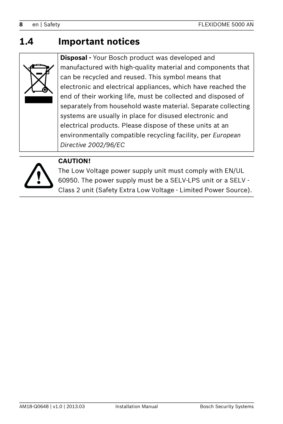 Bosch Appliances installation manual 1.4Important notices, en Safety, FLEXIDOME 5000 AN 
