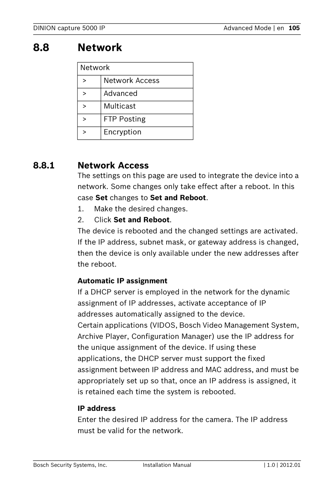 Bosch Appliances 5000 IP installation manual Network Access, Automatic IP assignment 