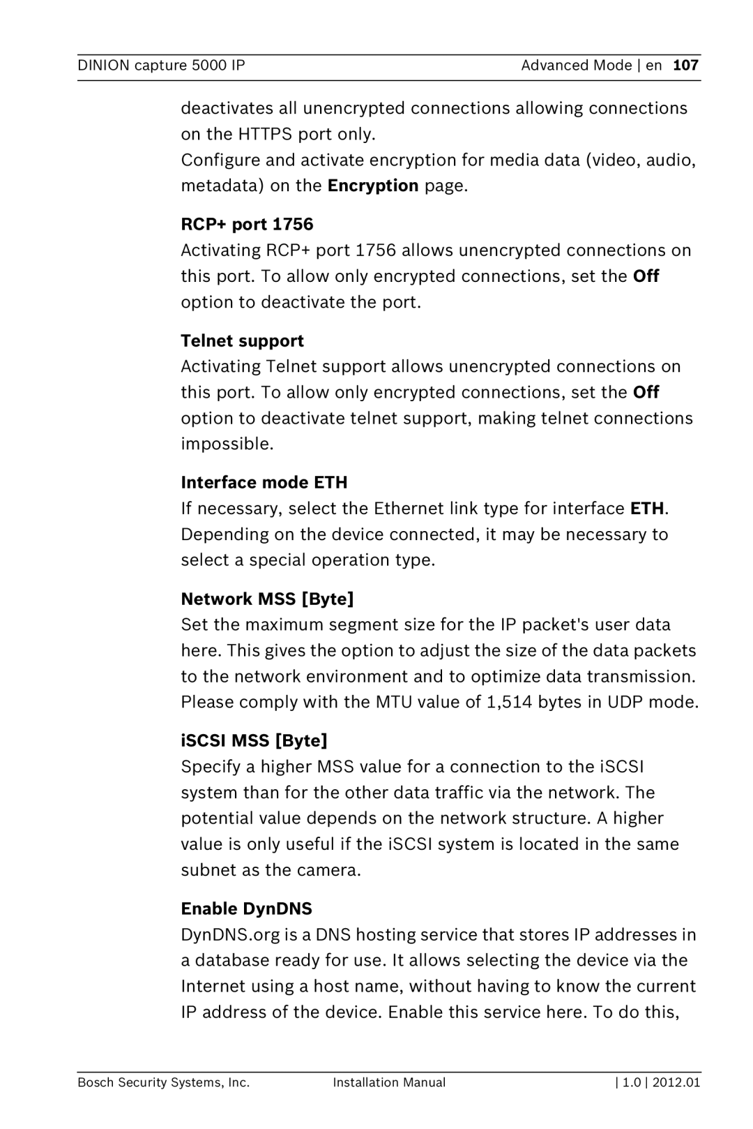 Bosch Appliances 5000 IP RCP+ port, Telnet support, Interface mode ETH, Network MSS Byte, ISCSI MSS Byte, Enable DynDNS 