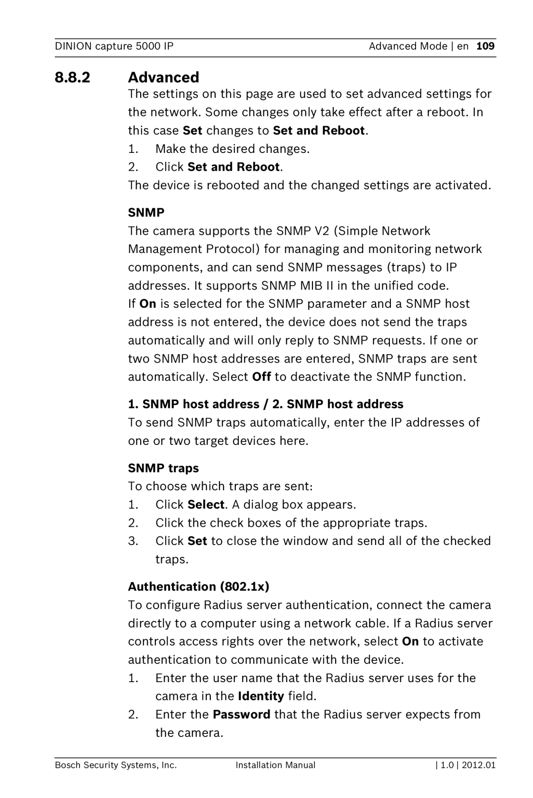 Bosch Appliances 5000 IP installation manual Advanced, Snmp host address / 2. Snmp host address, Snmp traps, Authentication 