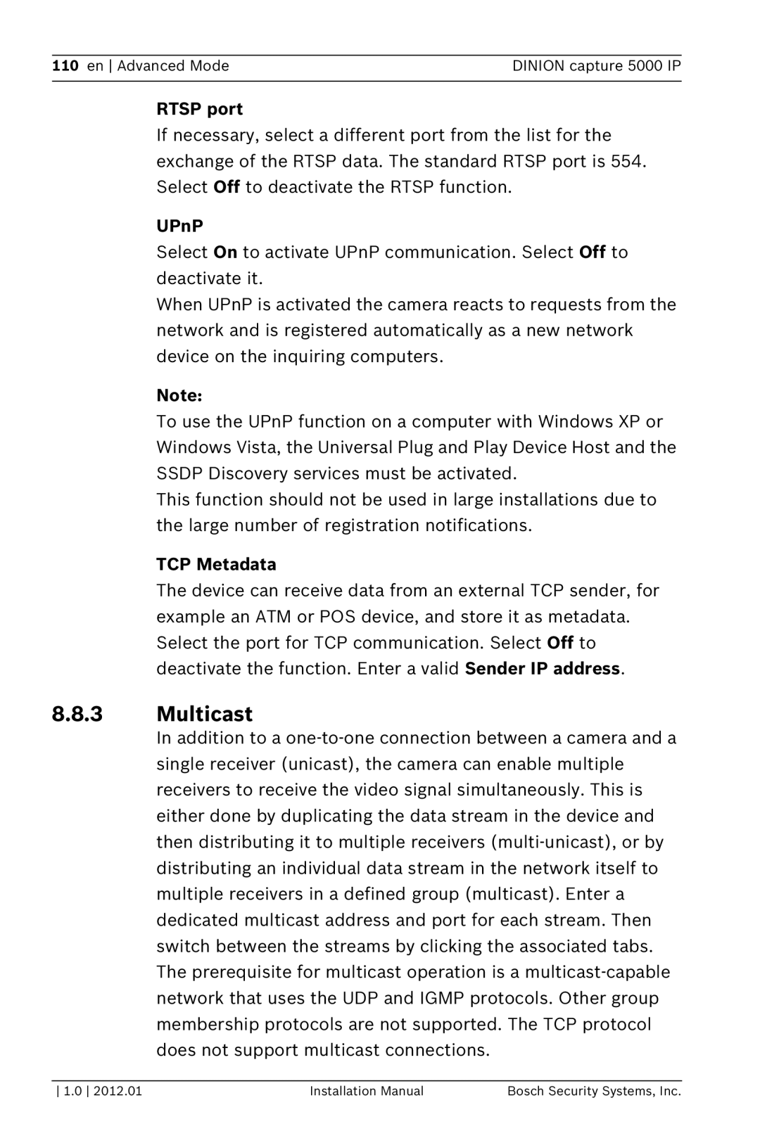 Bosch Appliances 5000 IP installation manual Multicast, Rtsp port, UPnP, TCP Metadata 