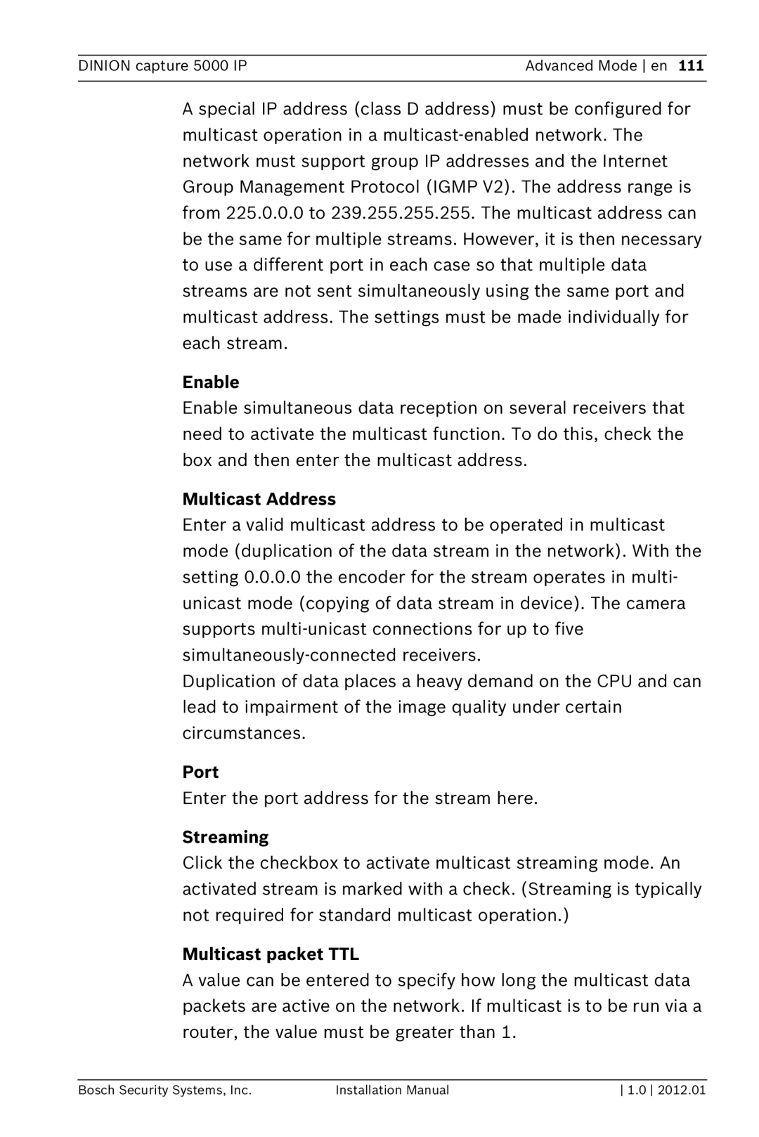 Bosch Appliances 5000 IP installation manual Enable, Multicast Address, Port, Streaming, Multicast packet TTL 