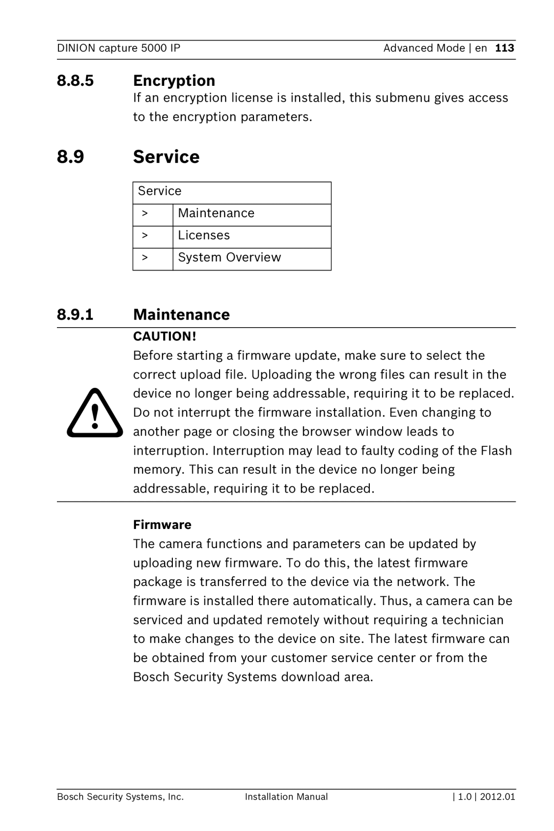 Bosch Appliances 5000 IP installation manual Service, Encryption, Maintenance, Firmware 