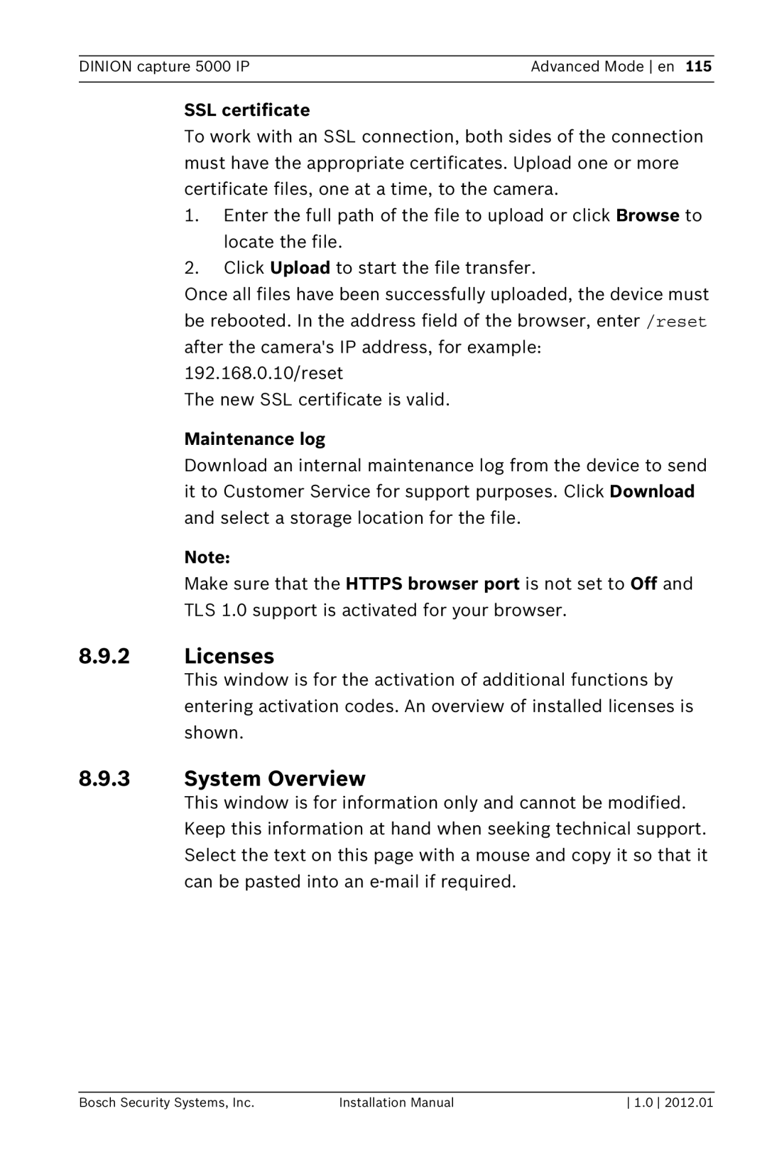 Bosch Appliances 5000 IP installation manual Licenses, System Overview, SSL certificate, Maintenance log 