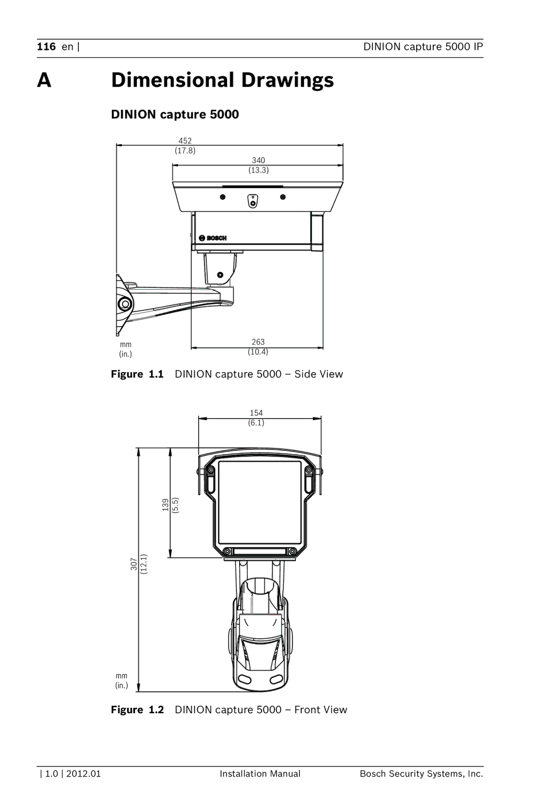 Bosch Appliances 5000 IP installation manual Dimensional Drawings, Dinion capture 