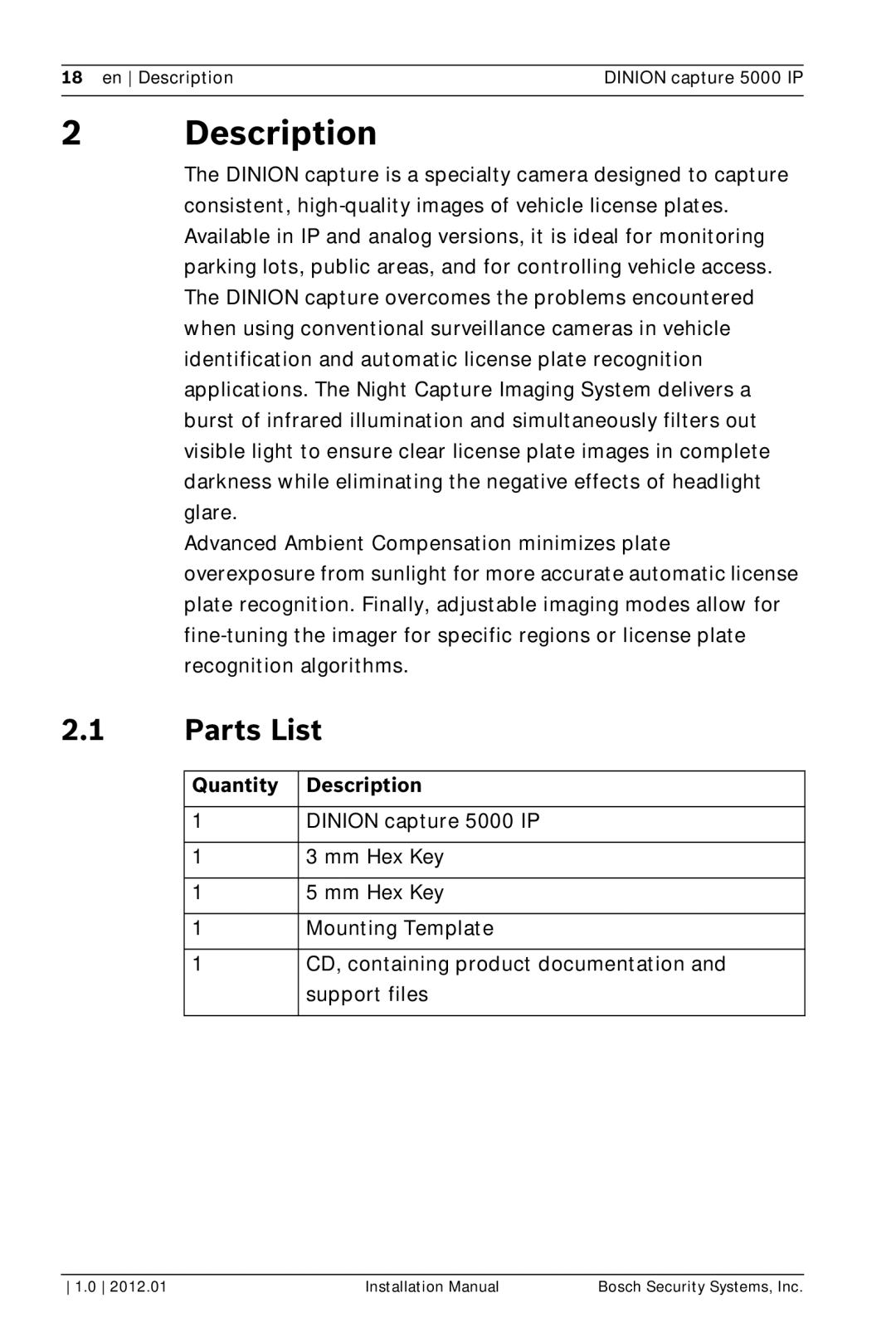 Bosch Appliances 5000 IP installation manual Parts List, Quantity Description 