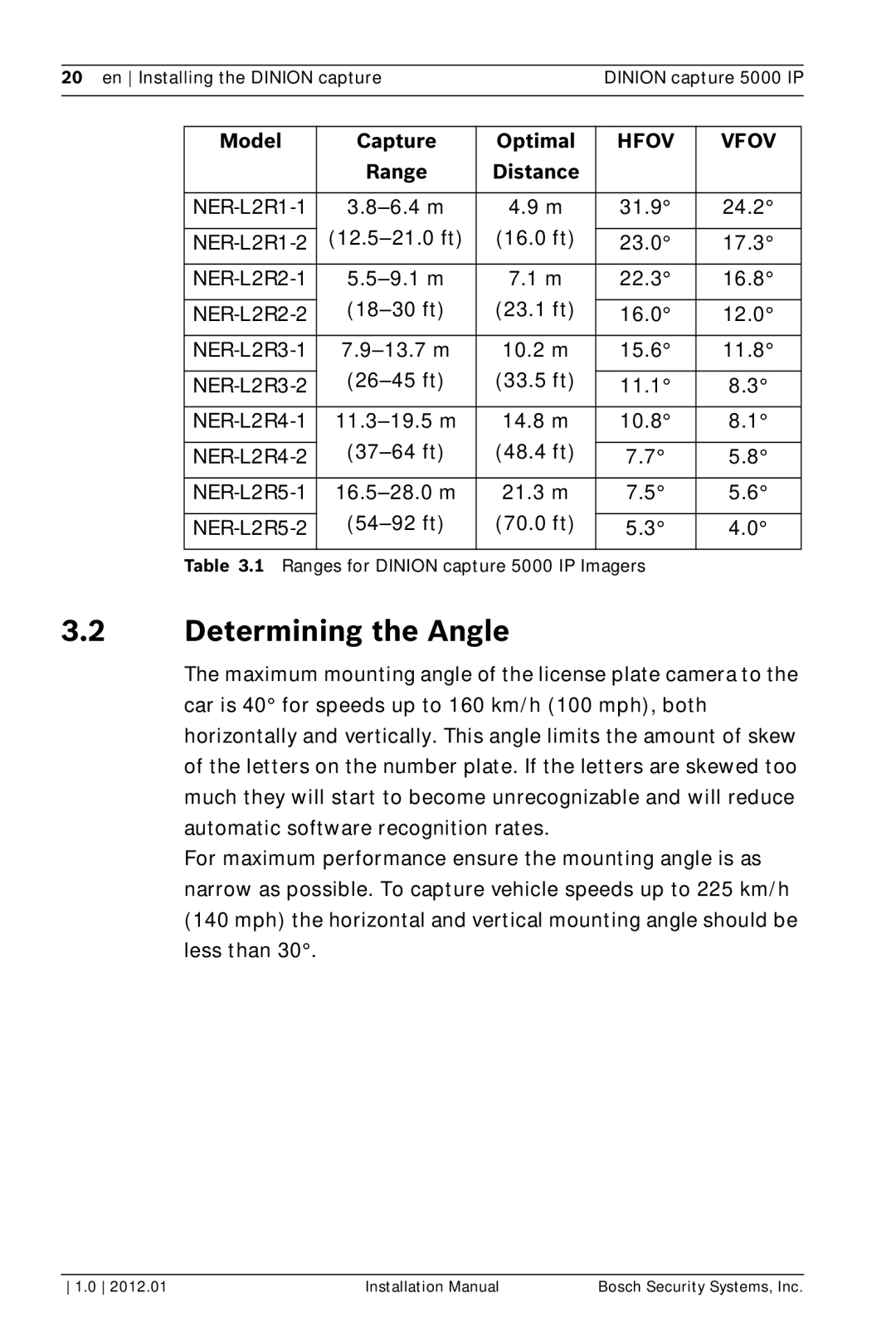 Bosch Appliances 5000 IP installation manual Determining the Angle, Model Capture Optimal, Range Distance 