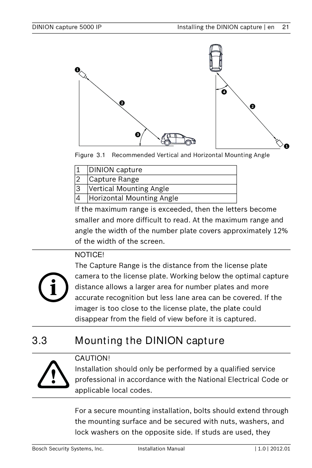 Bosch Appliances 5000 IP installation manual Mounting the Dinion capture 