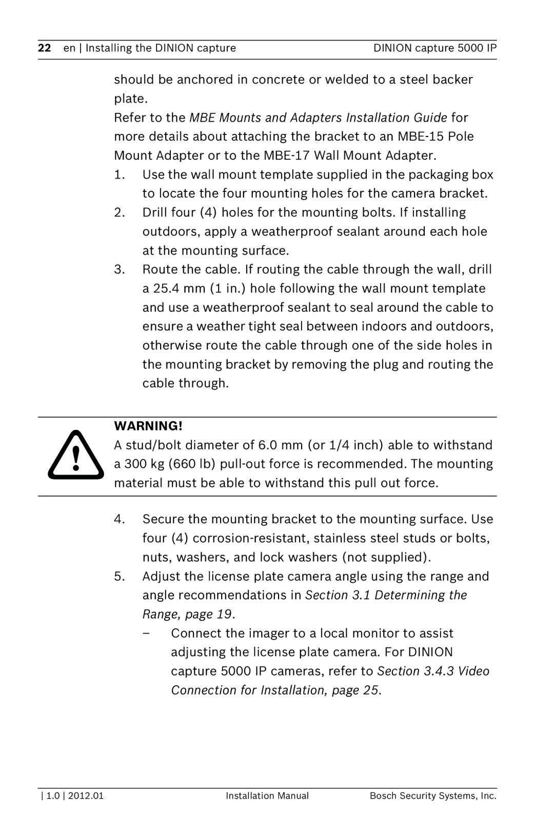 Bosch Appliances installation manual En Installing the Dinion capture Dinion capture 5000 IP 