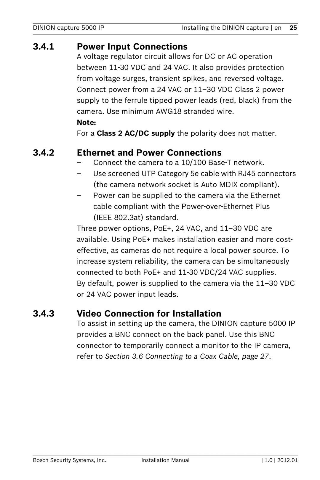 Bosch Appliances 5000 IP Power Input Connections, Ethernet and Power Connections, Video Connection for Installation 