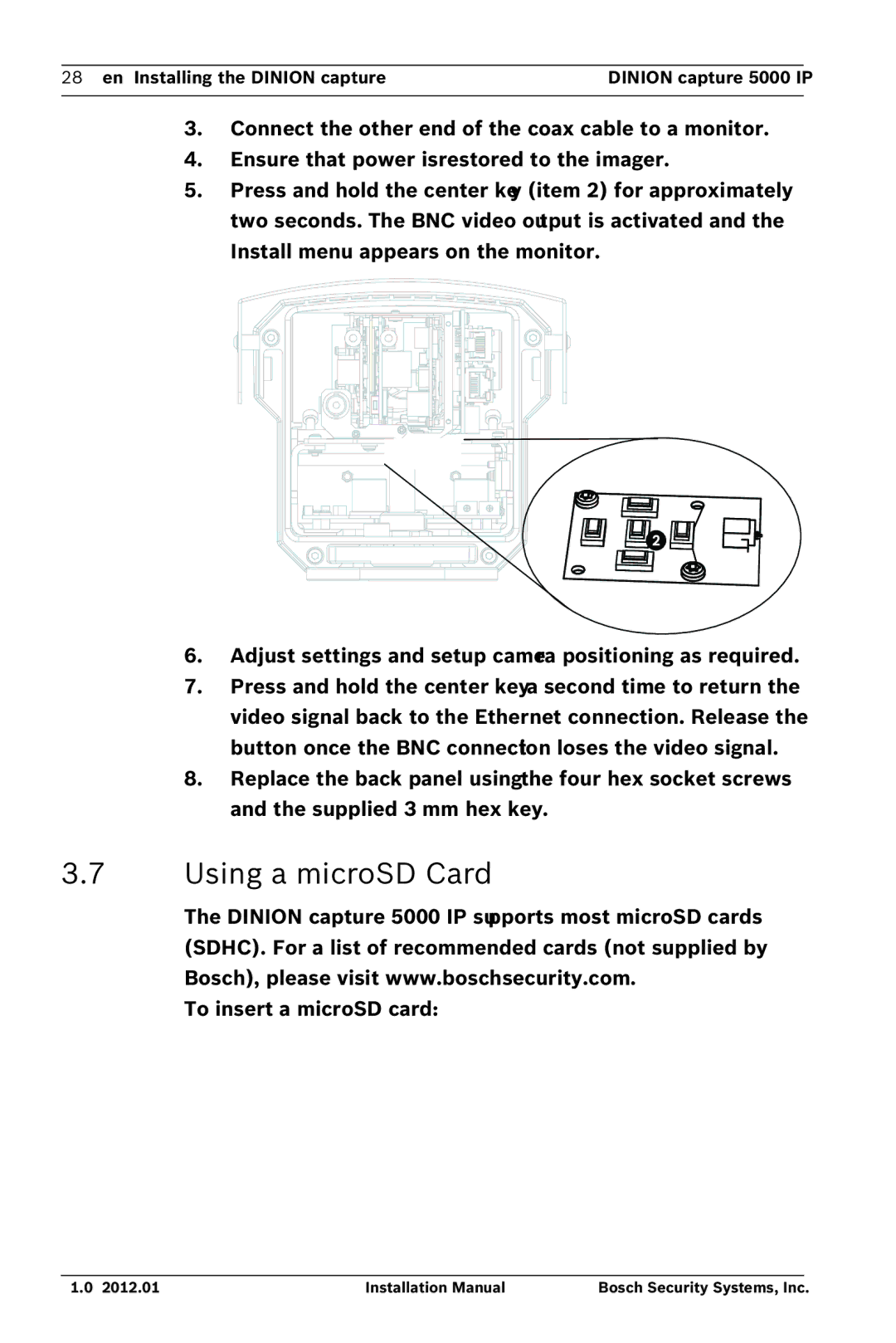 Bosch Appliances 5000 IP installation manual Using a microSD Card, To insert a microSD card 