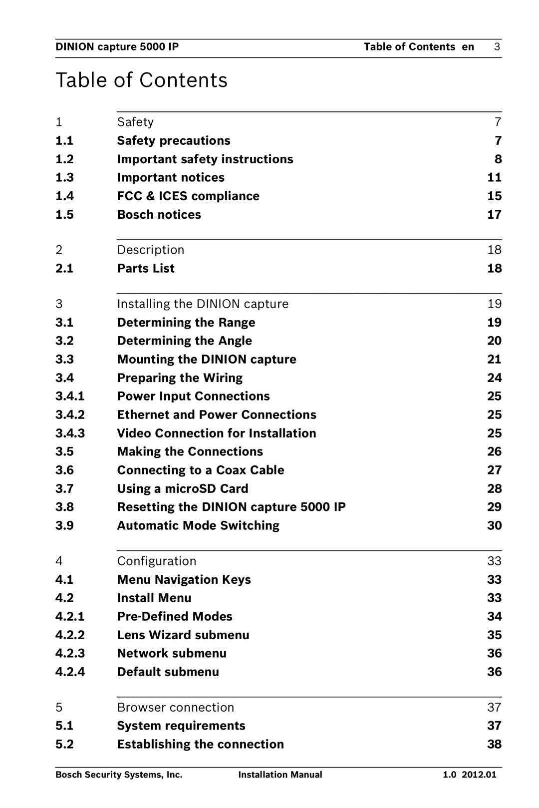 Bosch Appliances 5000 IP installation manual Table of Contents 