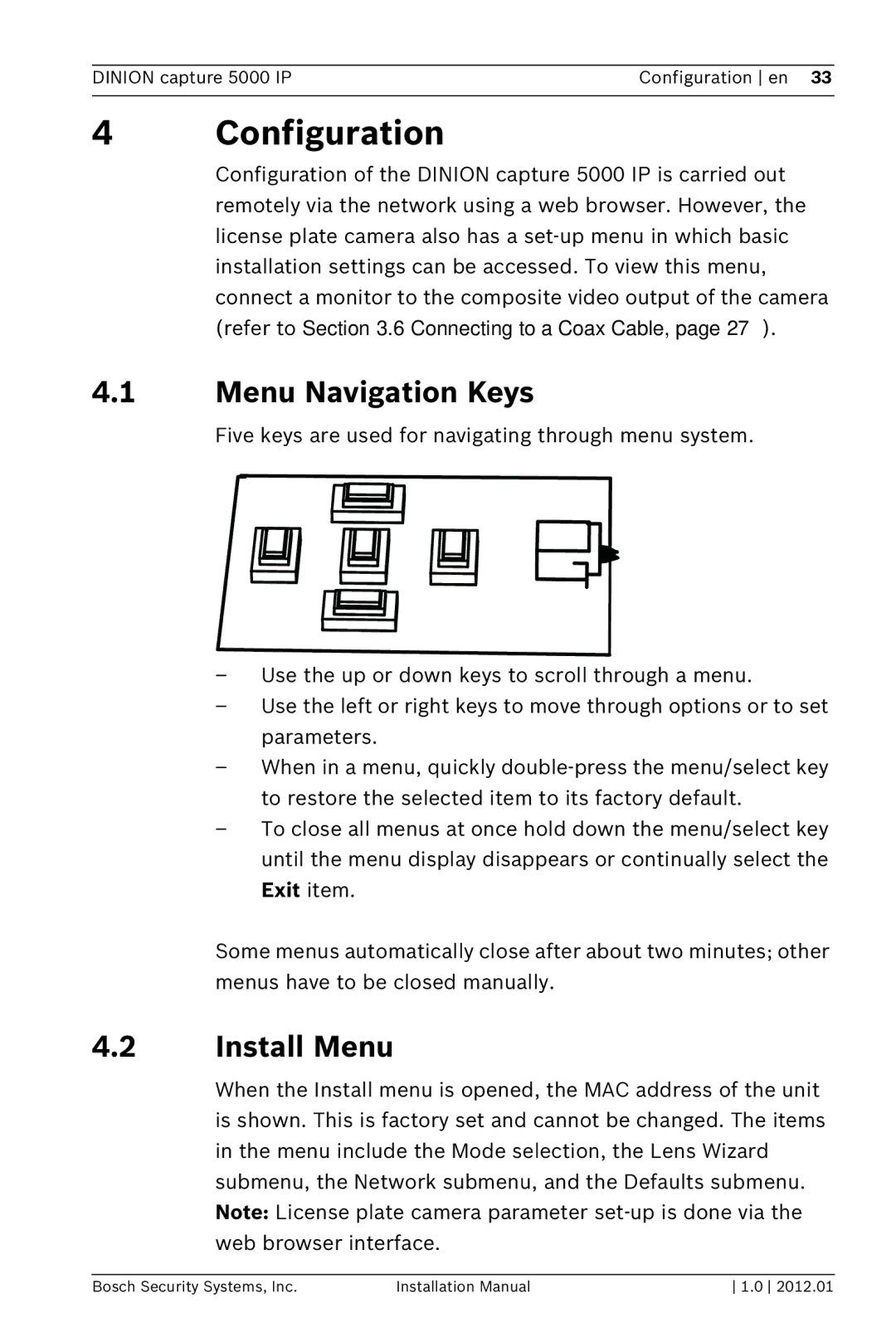 Bosch Appliances 5000 IP installation manual Configuration, Menu Navigation Keys, Install Menu 