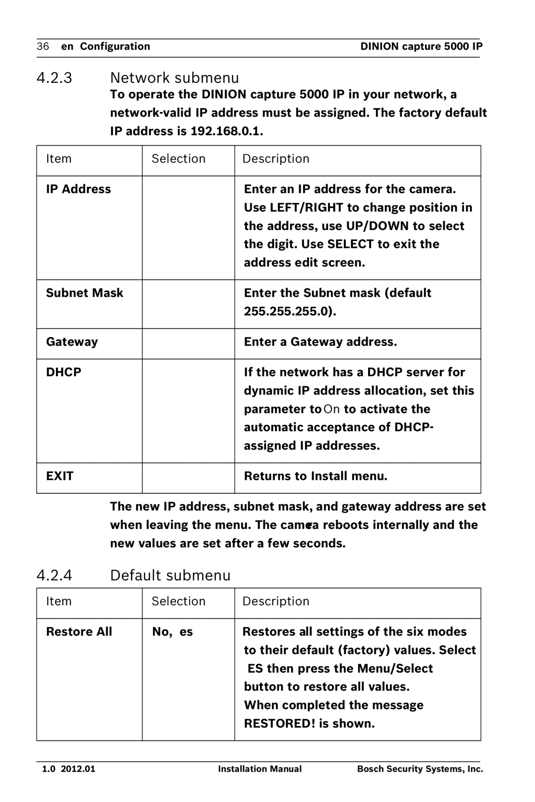 Bosch Appliances 5000 IP installation manual Network submenu, Default submenu 