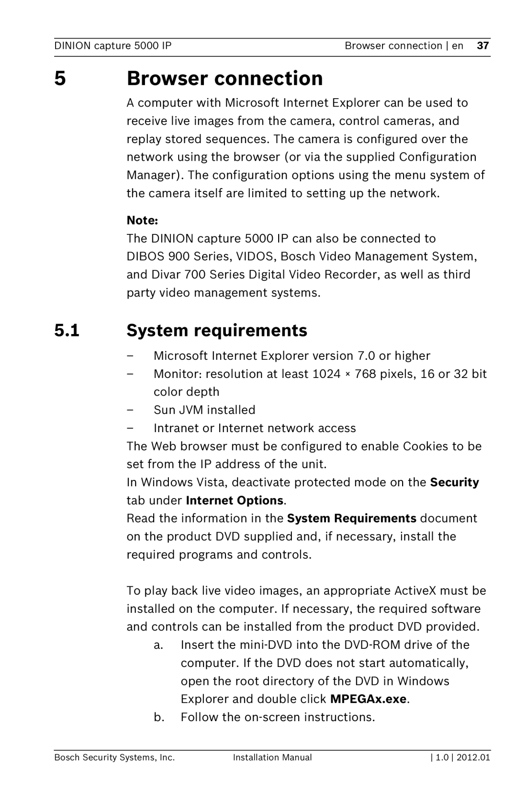 Bosch Appliances 5000 IP installation manual Browser connection, System requirements 