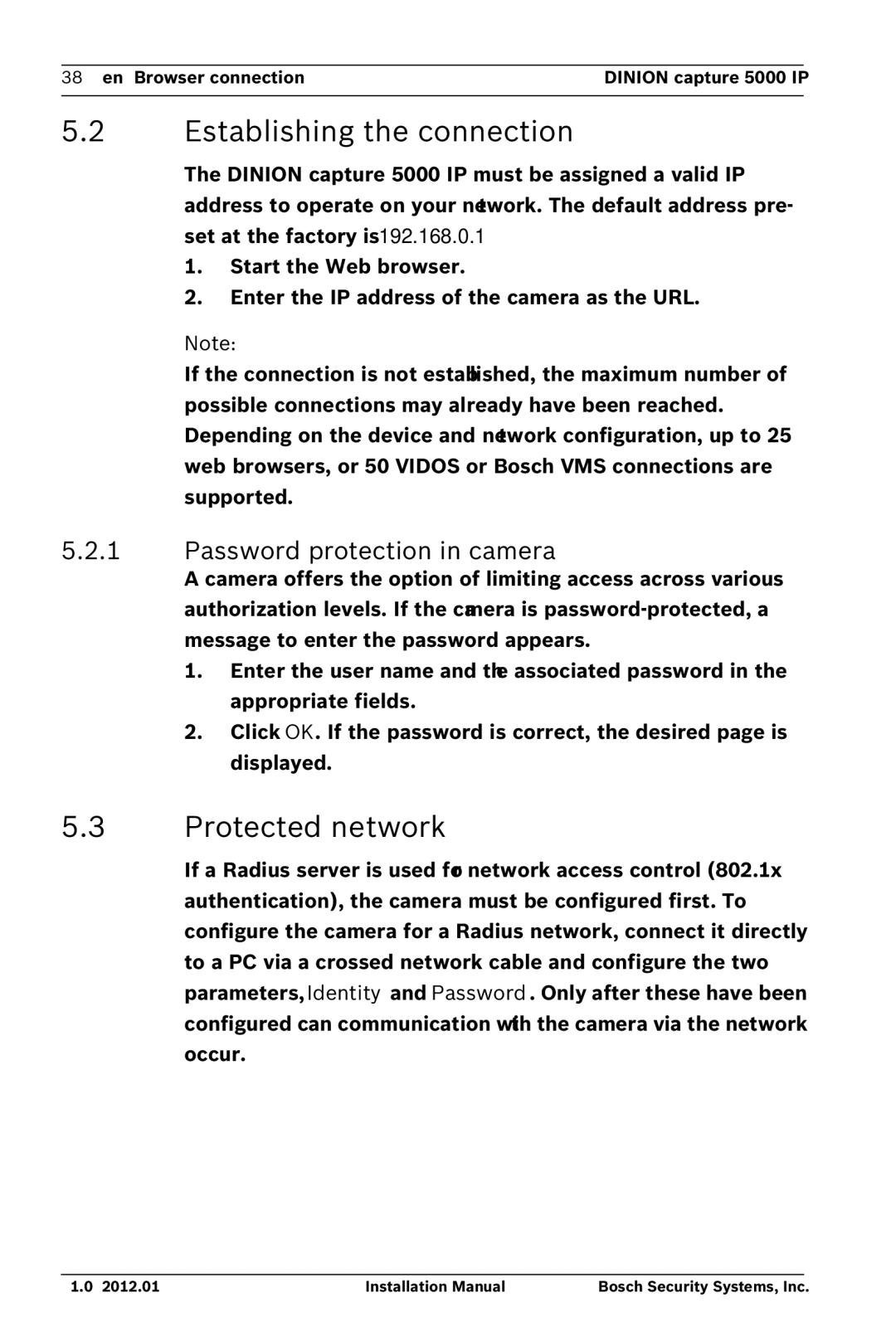 Bosch Appliances 5000 IP installation manual Establishing the connection, Protected network, Password protection in camera 