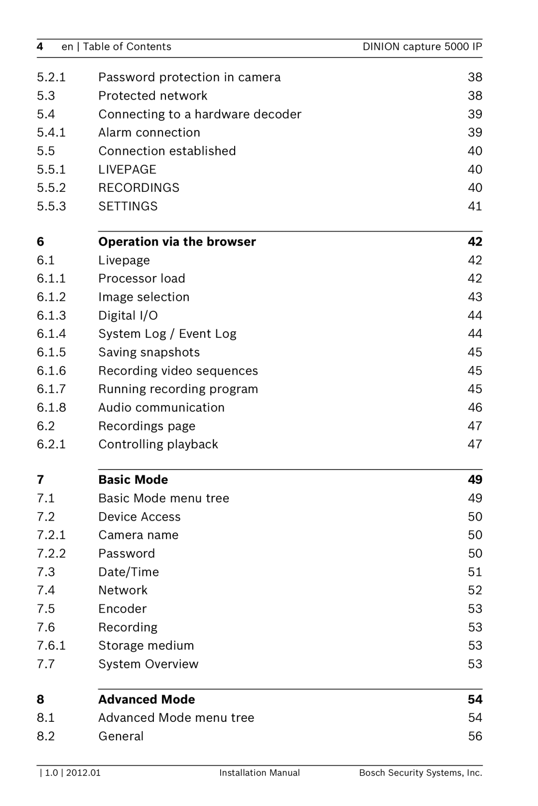 Bosch Appliances 5000 IP installation manual Operation via the browser, Basic Mode, Advanced Mode 