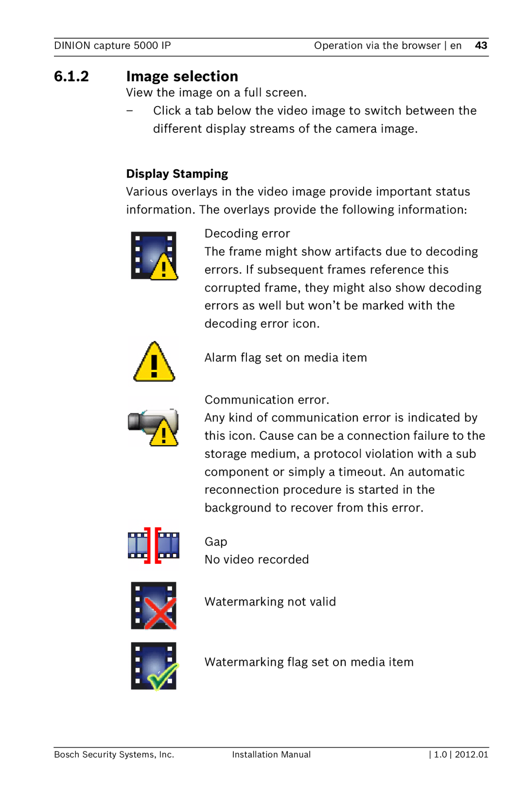 Bosch Appliances 5000 IP installation manual Image selection, Display Stamping 