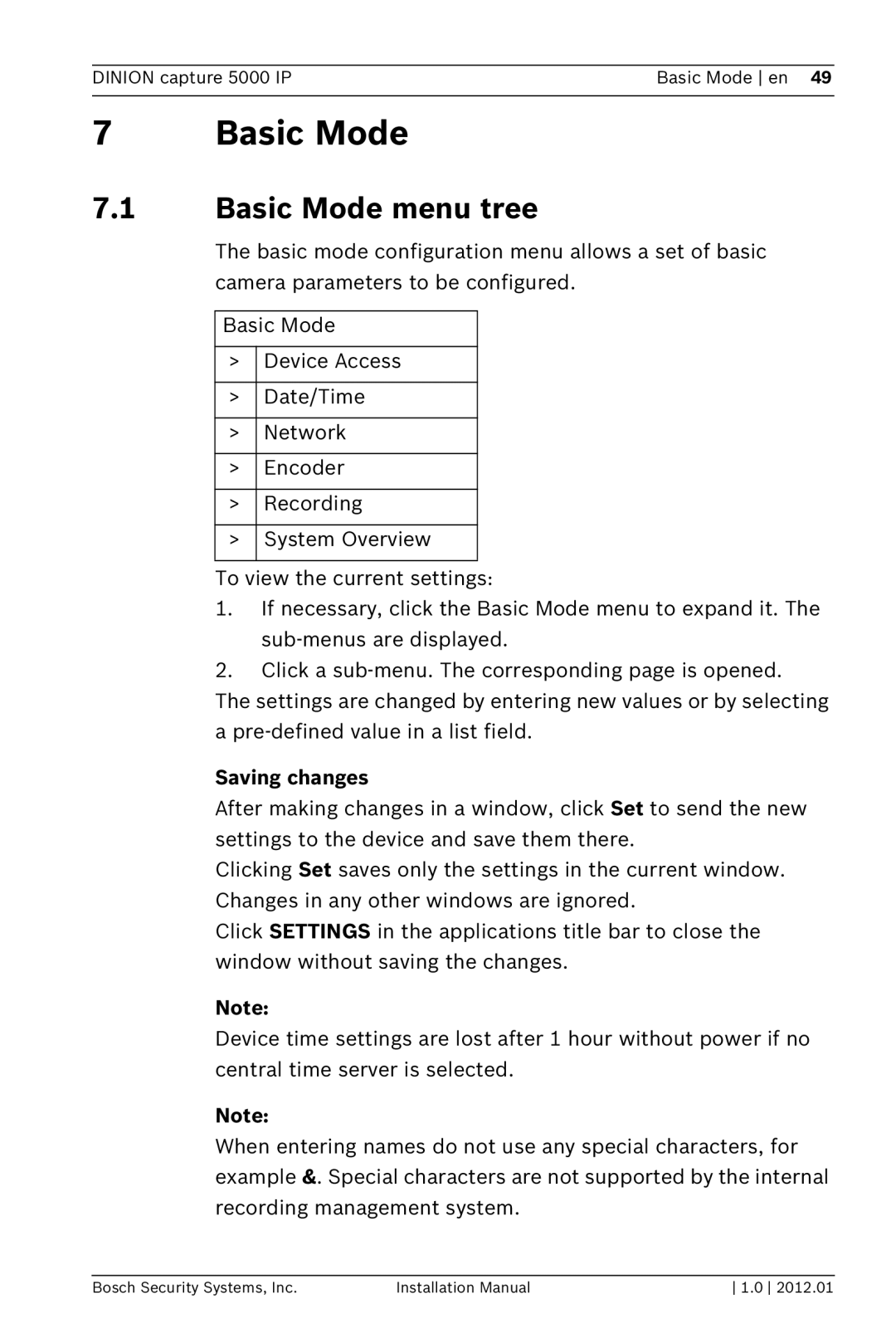 Bosch Appliances 5000 IP installation manual Basic Mode menu tree, Saving changes 