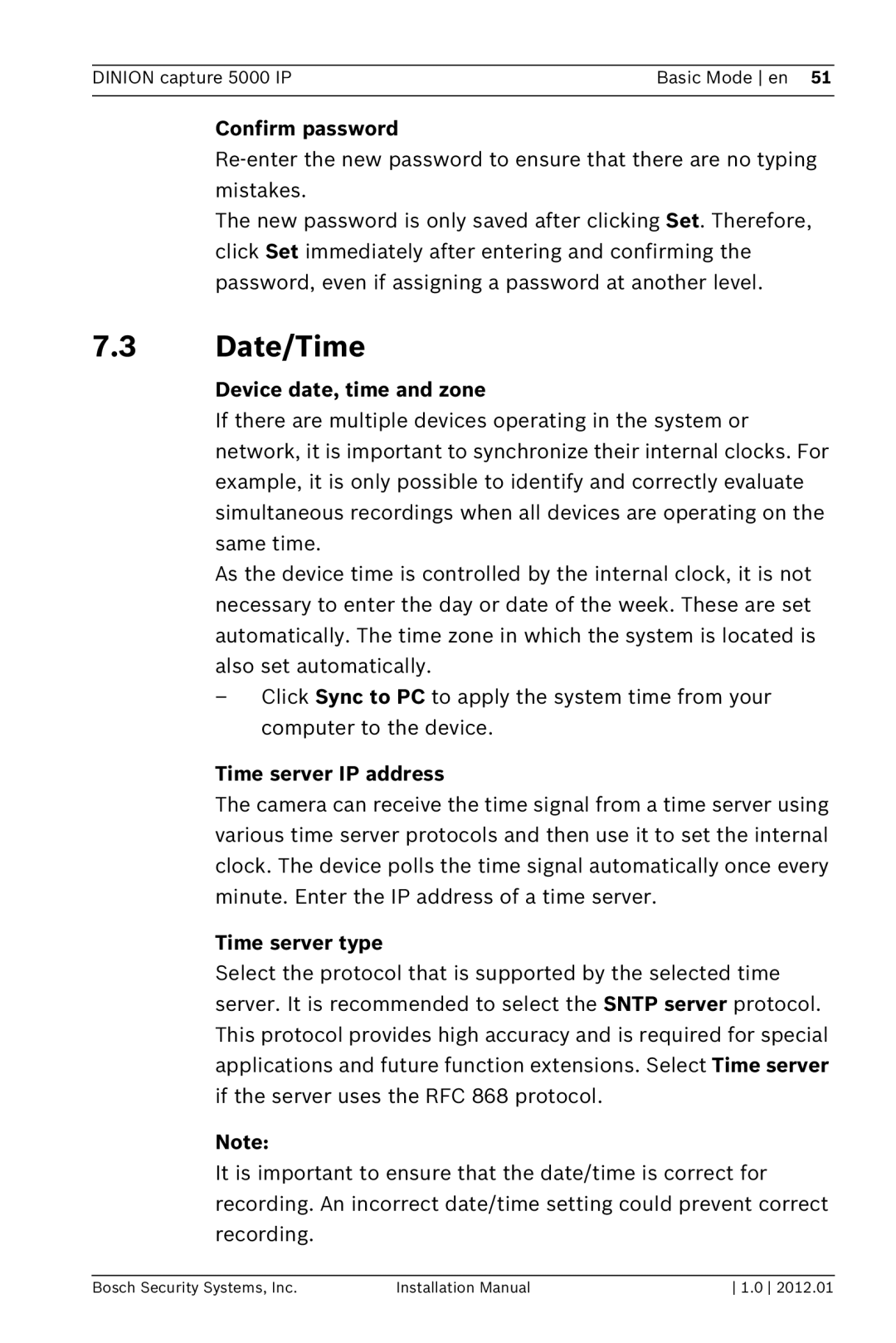 Bosch Appliances 5000 IP Date/Time, Confirm password, Device date, time and zone, Time server IP address, Time server type 