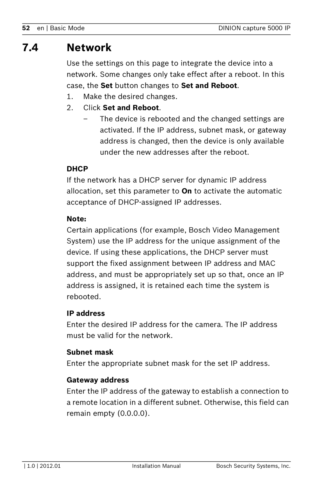 Bosch Appliances 5000 IP installation manual Network, Click Set and Reboot, IP address, Subnet mask, Gateway address 