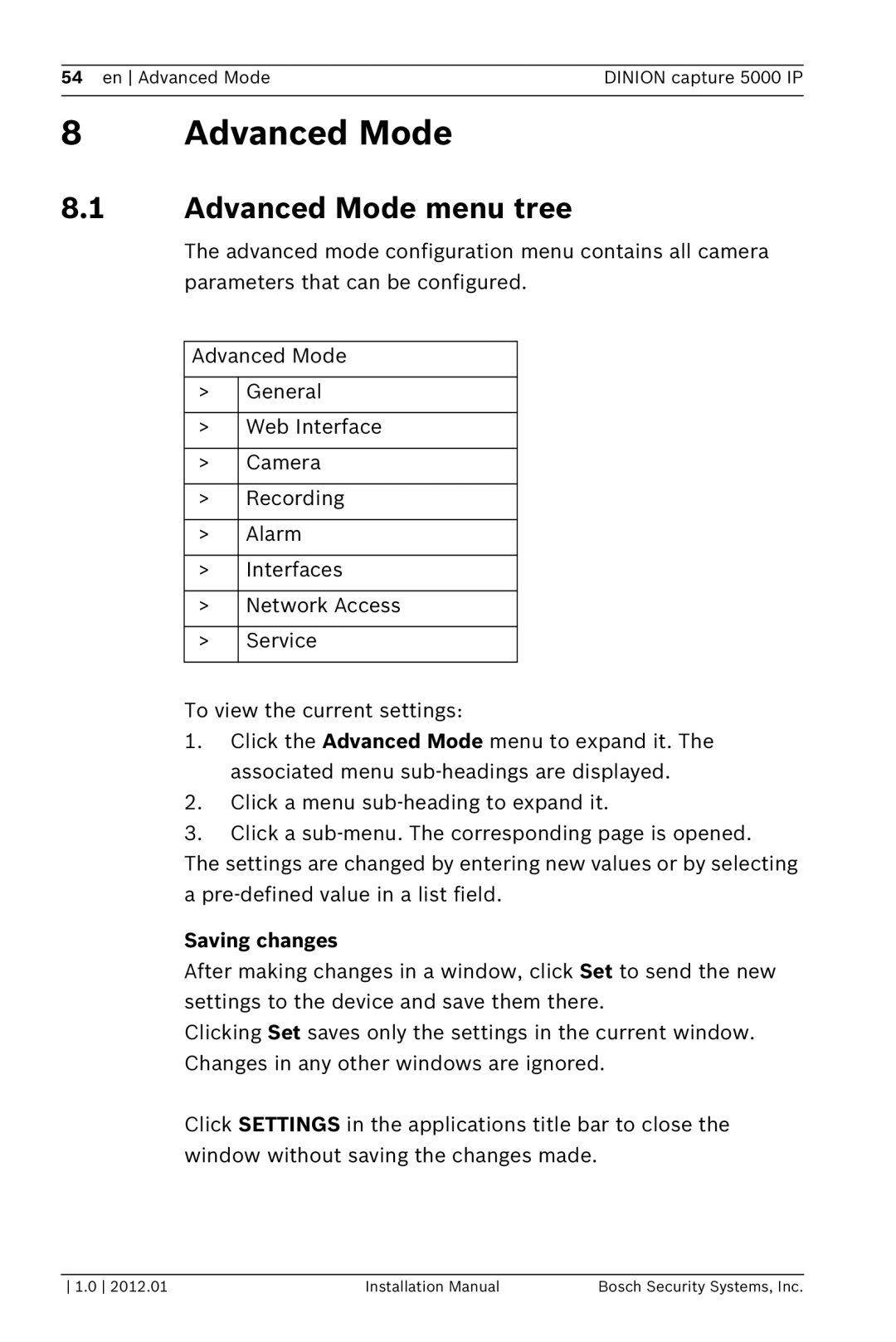 Bosch Appliances 5000 IP installation manual Advanced Mode menu tree 