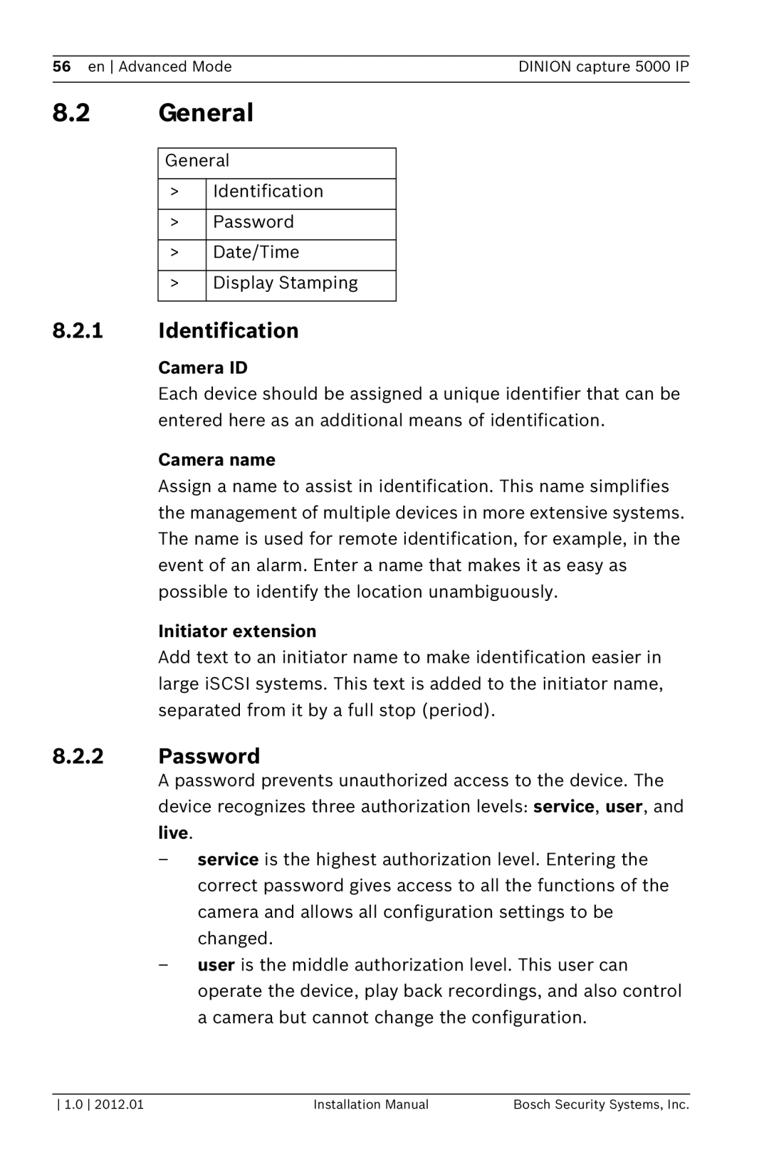 Bosch Appliances 5000 IP installation manual General, Identification, Camera ID, Camera name, Initiator extension 